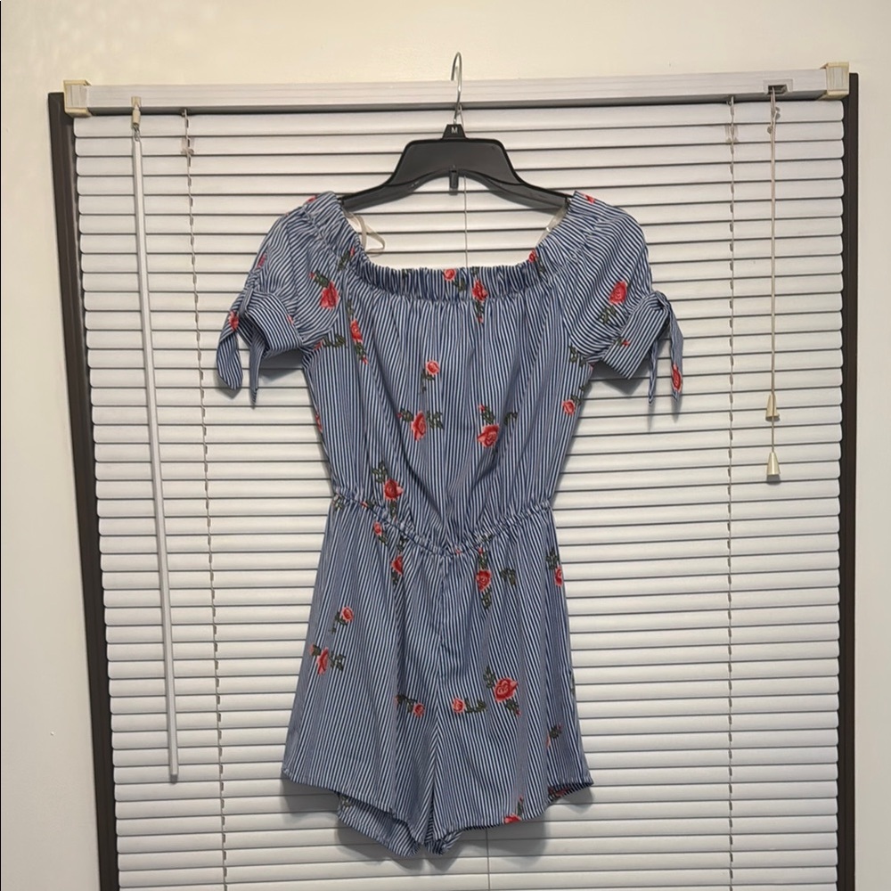 Blue One Piece with Off the Shoulder Neckline and Puffed Sleeves